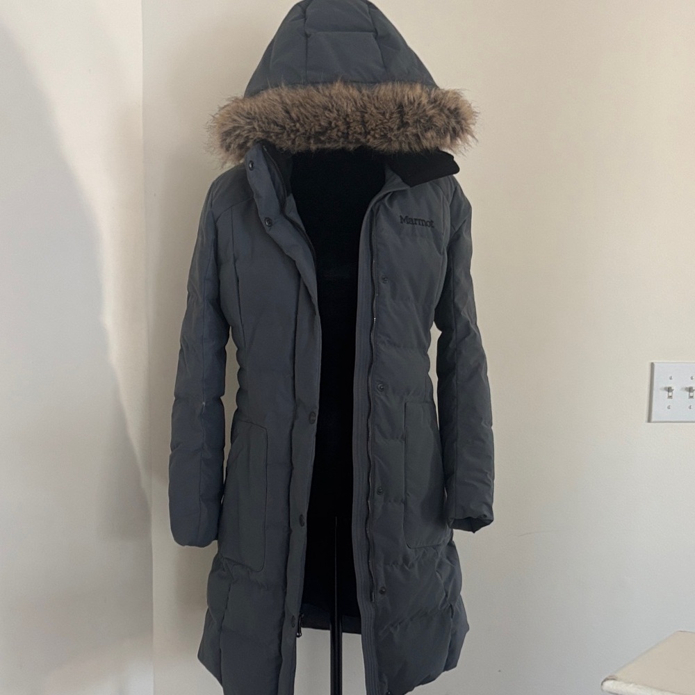 Marmot Women's Charcoal Puffer Coat with Fur Hood